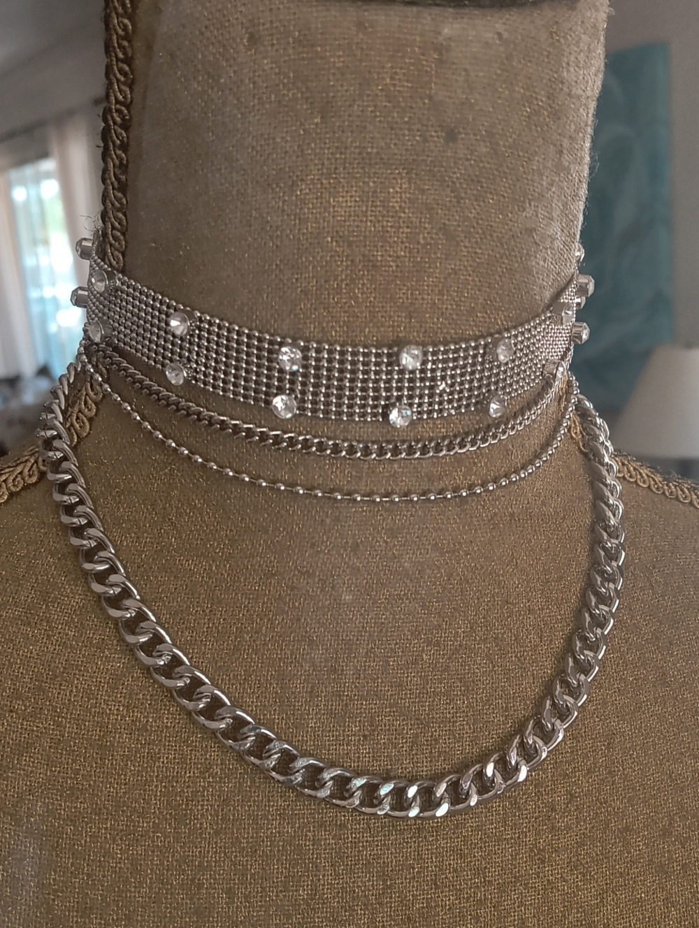 Free People Silver Layered Rhinestone Mesh Choker Necklace